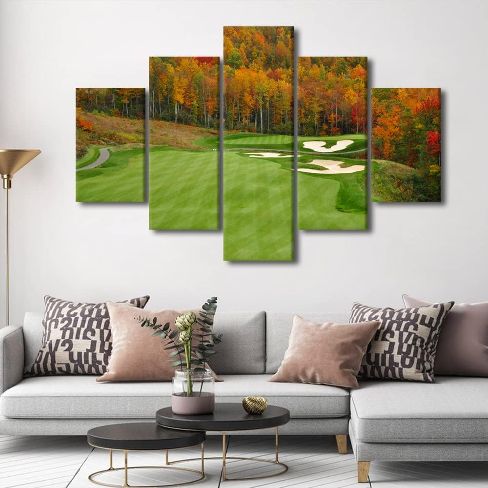 Living Room Decorations for Wall Golf Course Pictures Golf Course Paintings Landscape Artwork 5 Piece Green Canvas Wall Art House Modern Decor Posters and Prints Framed Giclee Ready to Hang- 0"Wx40"H