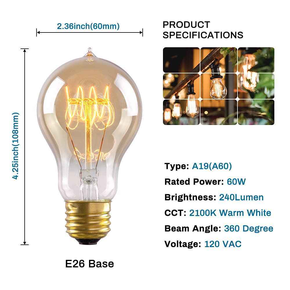 Warm Edison Light Bulbs, 60 Watt A19 Vintage Incandescent Light Bulbs, Dimmable Yellow Old Fashioned Amber Light Bulbs, 2100K Warm White, E26 Base, 6 Pack