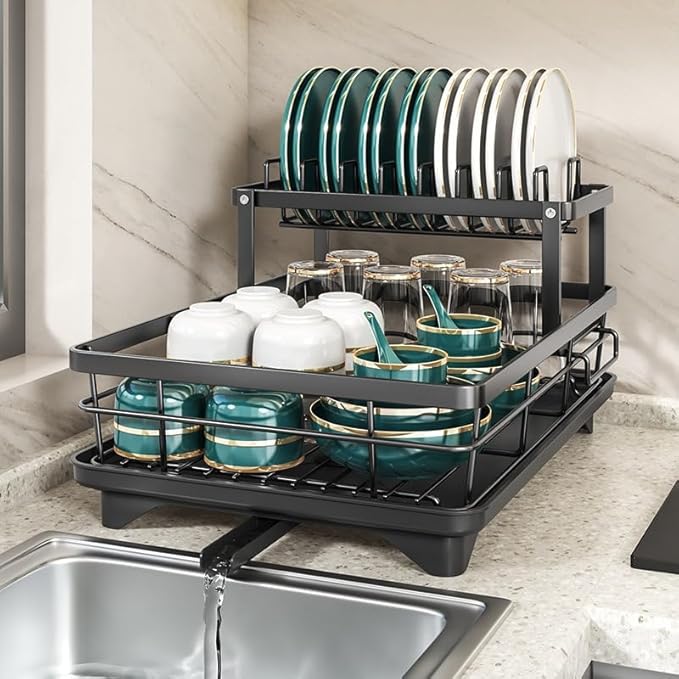 Large Dish Drying Rack for Kitchen Counter, 2-Tier Expandable Dish Drainer with Drainboard, Anti-Rust Steel Drying Rack with Cutlery Holder, Cup Holder and Storage Areas for Plates Bowls Pots