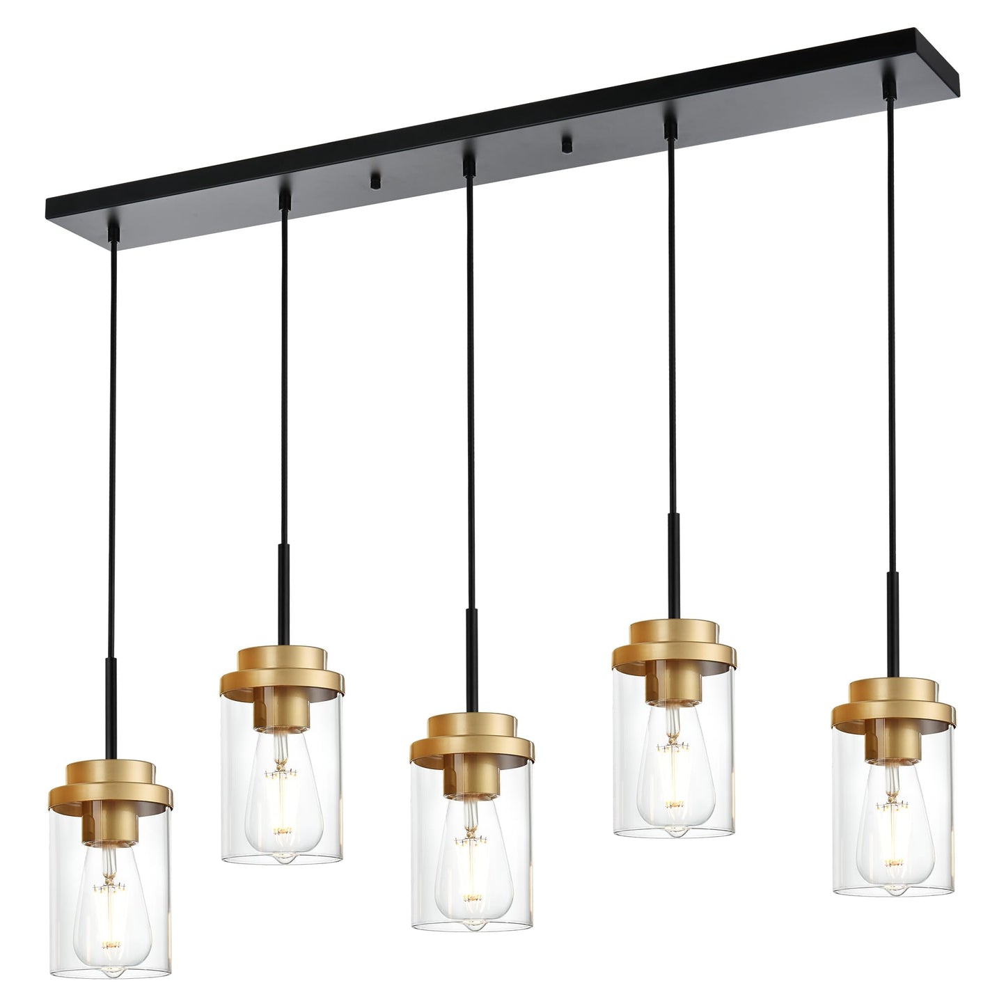 Melucee 5-Lights Adjustable Pendant Light, Black Brass, Modern Chandelier For Dining Room, 40.1 Inches, Clear Glass Shade, Model 4-4501-5D