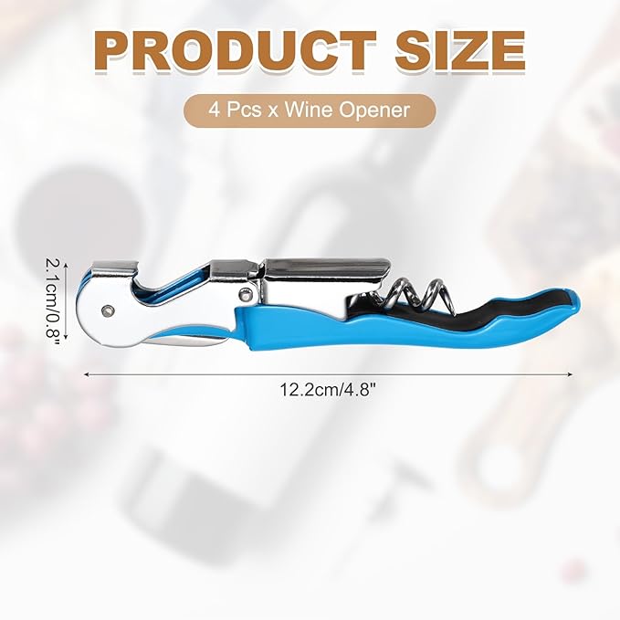 uxcell 4 Pcs 4.8" Stainless Steel Wine Opener, Waiter Corkscrew Professional Wine Key Bottle Opener with Double Hinged Foil Cutter for Bar Servers Waiter Bartender and Home, Blue