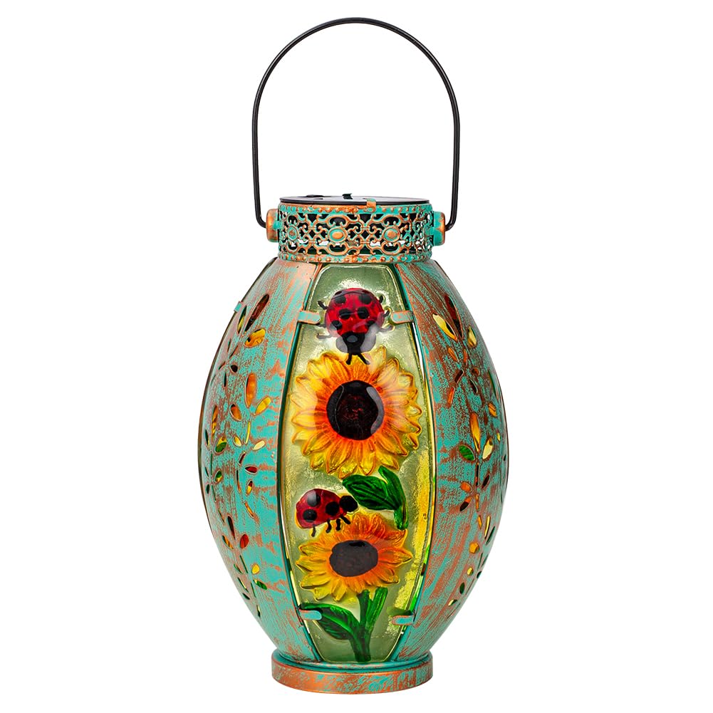 VEWOSTAR Solar Lanterns Outdoor Waterproof Sunflower Design, Small Size, Glass & Metal for Tabletop Patio Porch Decor