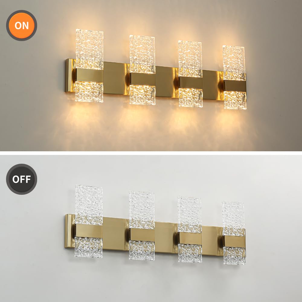 Modern Brushed Gold 8-Lights Bathroom Vanity Light  Eleglant Brass Led Bathroom Light Fixtures Over Mirror  Dimmable Acrylic Shade Wall Lighting Fixtures  Hardwired Wall Light(H9.25In  L28.35In)