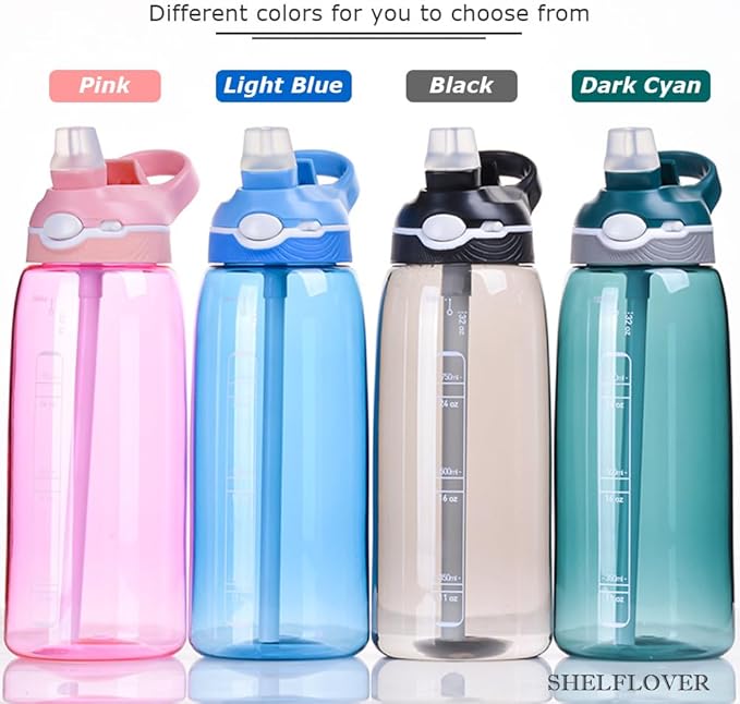 SHELFLOVER Light Blue Water Bottle With Narrow Straw, BPA FREE Clear Bottles With Handle One Hand Use Easy Carried, Flip Up, Suit School, Office, Gym, Office, 32oz (1000ml), SLWB32OZP