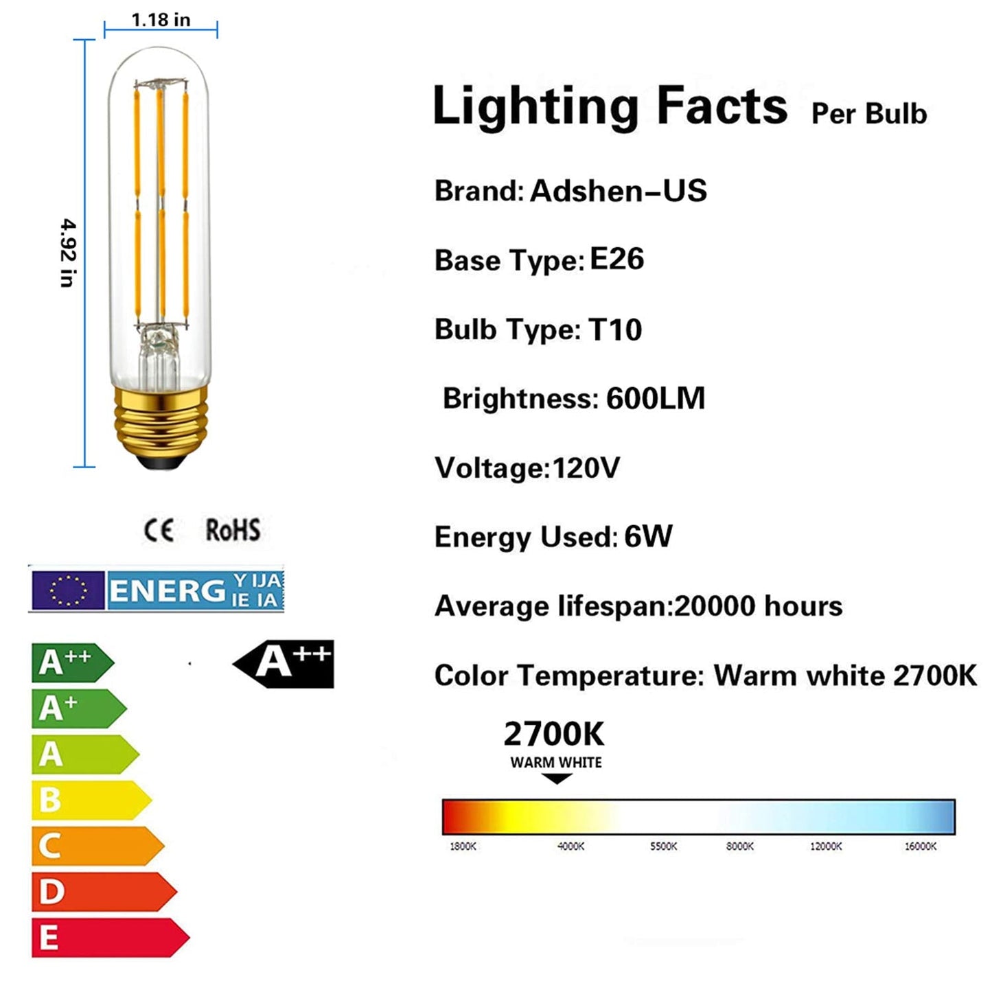 Adshen-US T10 LED Bulbs, 6W Dimmable, E26 Medium Base, Warm White 2700K, Glass, 4-Pack