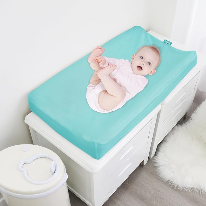 Changing Pad Cover Waterproof, 2 Pack Diaper Change Table Sheets for Baby Boys Girls, Fitted Cradle Sheets for 32"x16" Contoured Pad, Breathable & Ultra Soft, Aqua and Navy