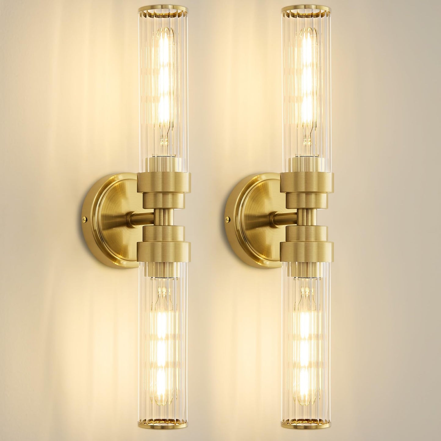 Vaziden Bathroom Light Fixtures  Gold Wall Sconce In Threaded Glass Vanity Lights 2 Pack  Modern Bathroom Vanity Light Up And Down Sconces Wall Lighting For Bathroom  Living Room - Bulb Not Included