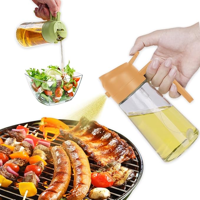 Kitchen Cooking Olive Oil Spray Bottle, 2-in-1 Oil Dispenser pour oil and Spritzer, 16oz/470 ml Glass Oil Sprayer Food-grade Oil Mister, Air Fryer, Salad, Baking, Roasting、BBQ