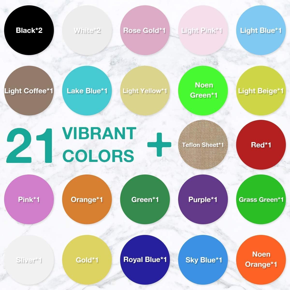 HTVRONT Heat Transfer Vinyl Bundle: 24 Pack 12"x12" Iron on Vinyl Sheets for T-Shirt, 21 Assorted Colors HTV Vinyl with 1 PTFE Sheet & Weeding Hooks