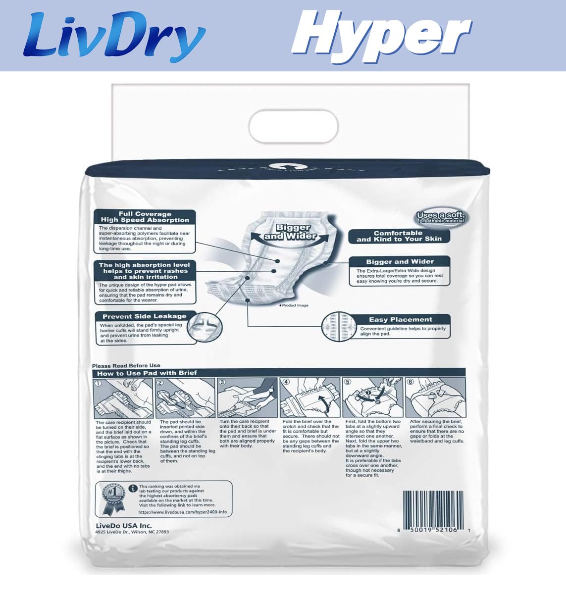 LivDry High Absorbency Pad Insert for Incontinence Briefs and Adult Diapers, Women and Men, Hyper 2400 (72 Count)
