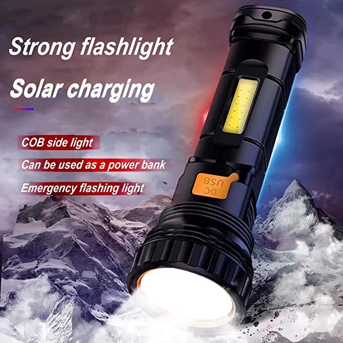 E-SHIDAI 1000 Lumens LED Flashlight, Solar/Rechargeable, Emergency Strobe Light, 2PC, Black, Model 325648795