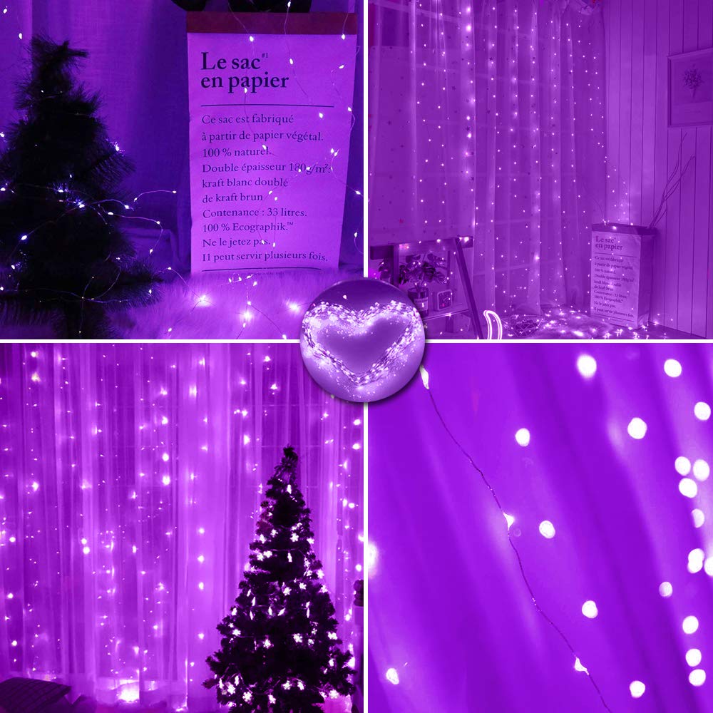 Vicila Curtain String Lights, 300 LED Twinkle Lights, Remote Timer, USB Power, 8 Modes, 9.8ft x 9.8ft, Purple, Model CCL