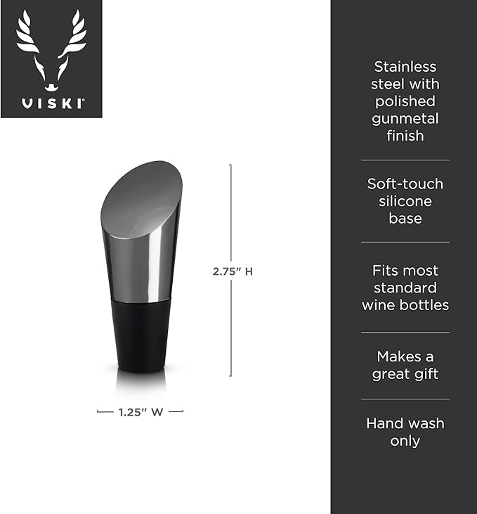 Viski Heavyweight Bottle Stopper, Wine Bottle Stopper, Wine Preserver for Red and White Wines, Gunmetal with Silicone Seal, Set of 1