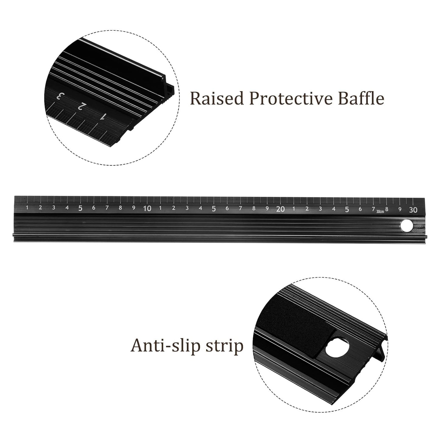 2pcs Raised Grip Metal Ruler - [30cm] Aluminum Alloy Precise Measurement Cutting Straight Protective Ruler Ruler Black for Office Measure Cut Drawing Use, 1mm Precision
