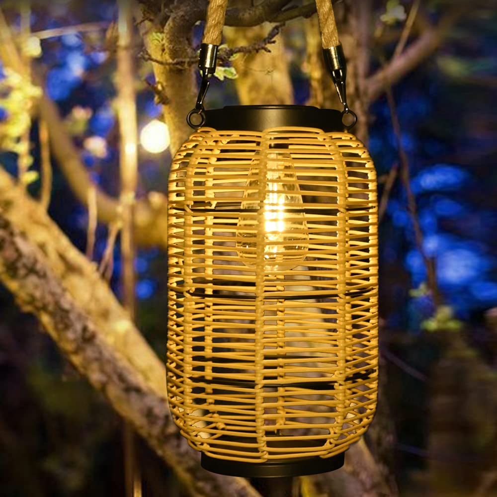 Livinlarge Solar Lantern - Outdoor Hanging Light, Waterproof Rattan with Twine Handle, Bright Edison Bulb, Multicolor, Model 434