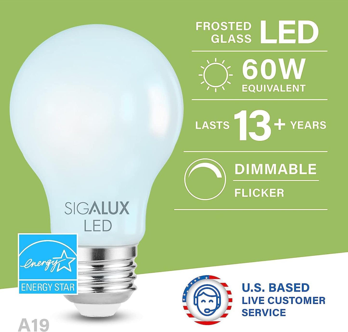 Sigalux Dimmable E26 LED Light Bulb 60W Equivalent, Daylight 5000K, Glass, 6 Count, UL Listed, Model 0089685001