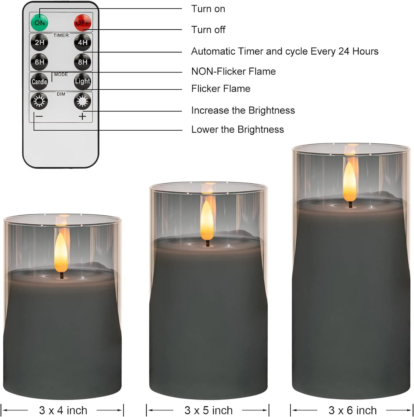 COVEGE Grey Glass Flameless Candles with Timer - Battery Operated Candles with 10-Key Remote, Real Wax LED Flickering Pillar Candles for Home Decoration, D3 H 4" 5" 6", Set of 3