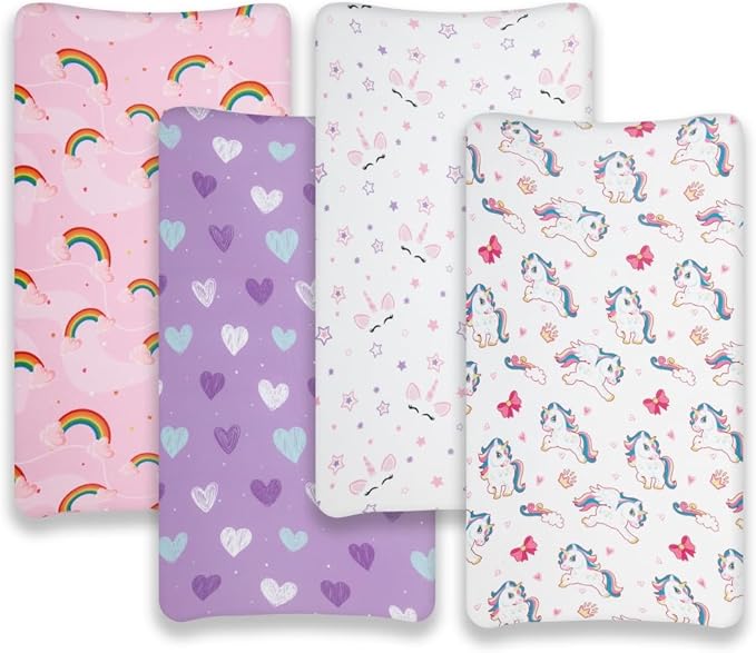 4 Pack Soft Baby Girl Changing Pad Cover Sheets for Chaning Pad Unicron Rainbow Heart Cute Neutral Polyester Unisex Fitted Changing Pad Cover Sheets Set for Baby Girls
