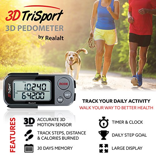 Realalt 3DTriSport Walking 3D Pedometer with Clip & Strap, eBook Included 30 Days Memory Accurate Step Counter, Walking Di...