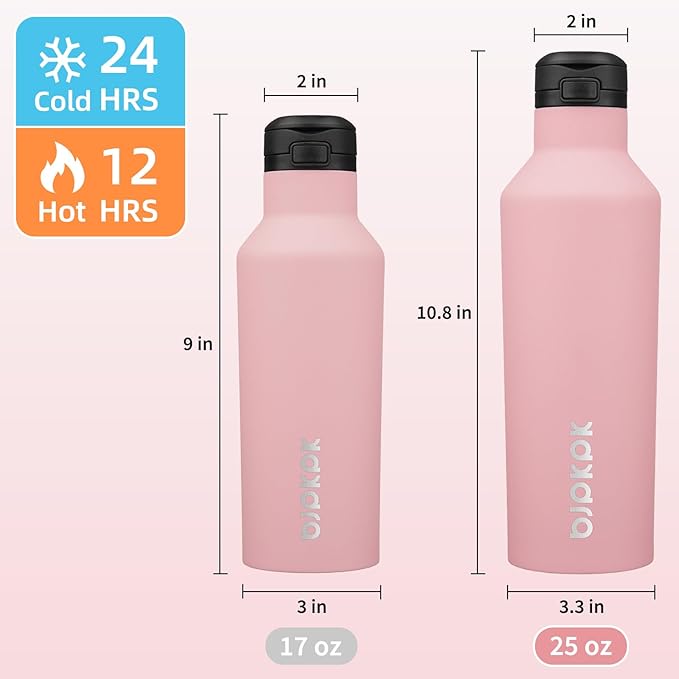 BJPKPK Insulated Water Bottle With Straw 25oz Stainless Steel Water Bottles With 2 Lids And Carry Handle Reusable Travel Metal Thermal Flask,Light Pink