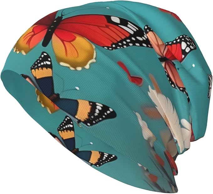 YANYU Hen Flying Butterflies Among Flowers Print Soft Beanie Hat for Men Women Warm Fashion Cap for Jogging Cycling Gift O...