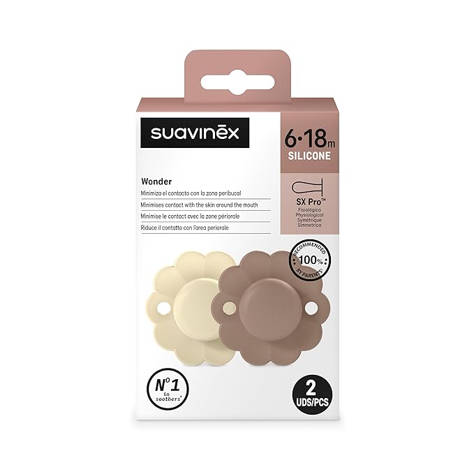 Suavinex Wonder Baby Pacifier, SX Pro Silicone Nipple, Reversible, Non Irritating Shield Design, 2Pk Pacifiers 6-18 Months, Made in Europe, Gray/Umber