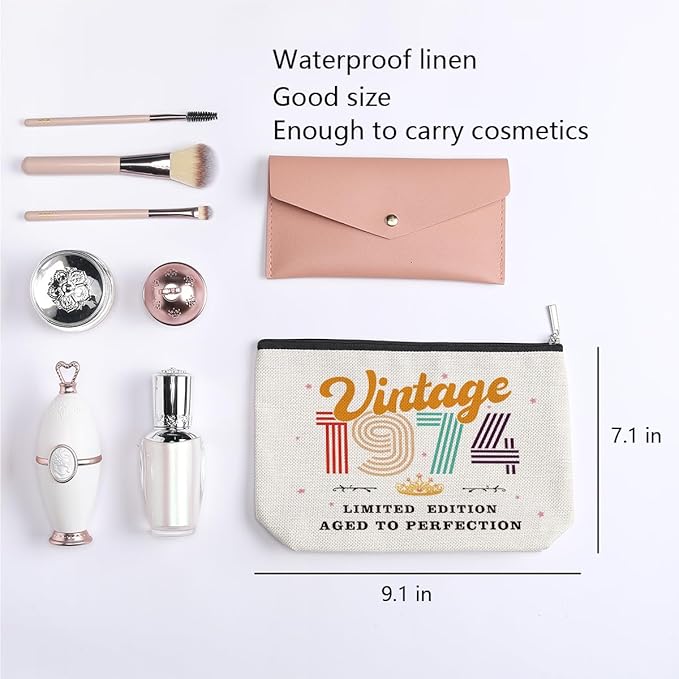 50th Birthday Gifts for Women, 1974 Vintage Makeup Bag, Best 50 Year Old Birthday Gift Ideas for Sisters, Friends, BFF, Mom, Coworker, Bonus Mom, Grandma, Nana, Gigi, Funny Anniversary Ideas for Her