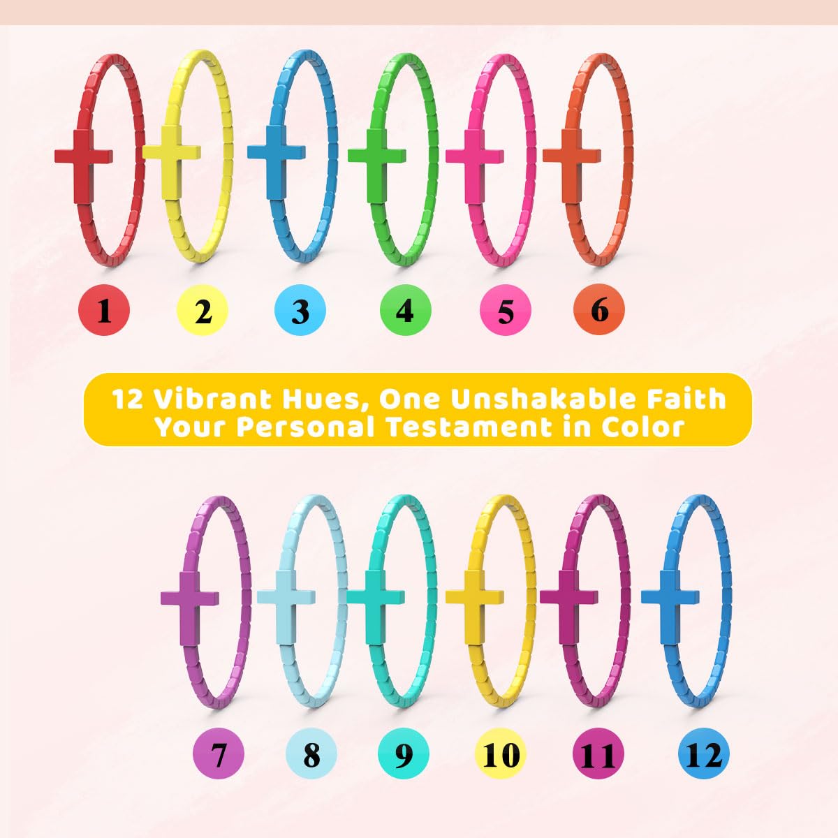 YalsFTY 24 PCS Colorful Cross Silicone Bracelets - Christian Rubber Wristbands for Kids Teens Adults, Waterproof, 54.4mm Diamete