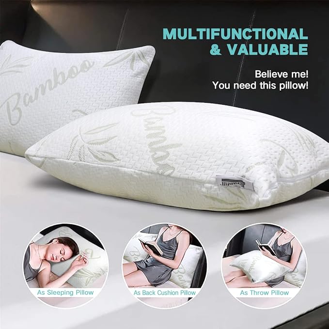 JJDANFILL Rayon Derived from Bamboo Pillow for Sleeping, Shredded Memory Foam Pillow Queen Size Set of 2, Adjustable Cooling Bed Pillow for Side Back Stomach Sleeper with A Washable Cover 20x30