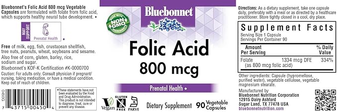 BlueBonnet Nutrition Folic Acid 800mcg, Healthy Neurological Development*, Soy-Free, Gluten-Free, Non-GMO, Kosher Certified, Dairy-Free, Vegan, 90 Vegetable Capsules