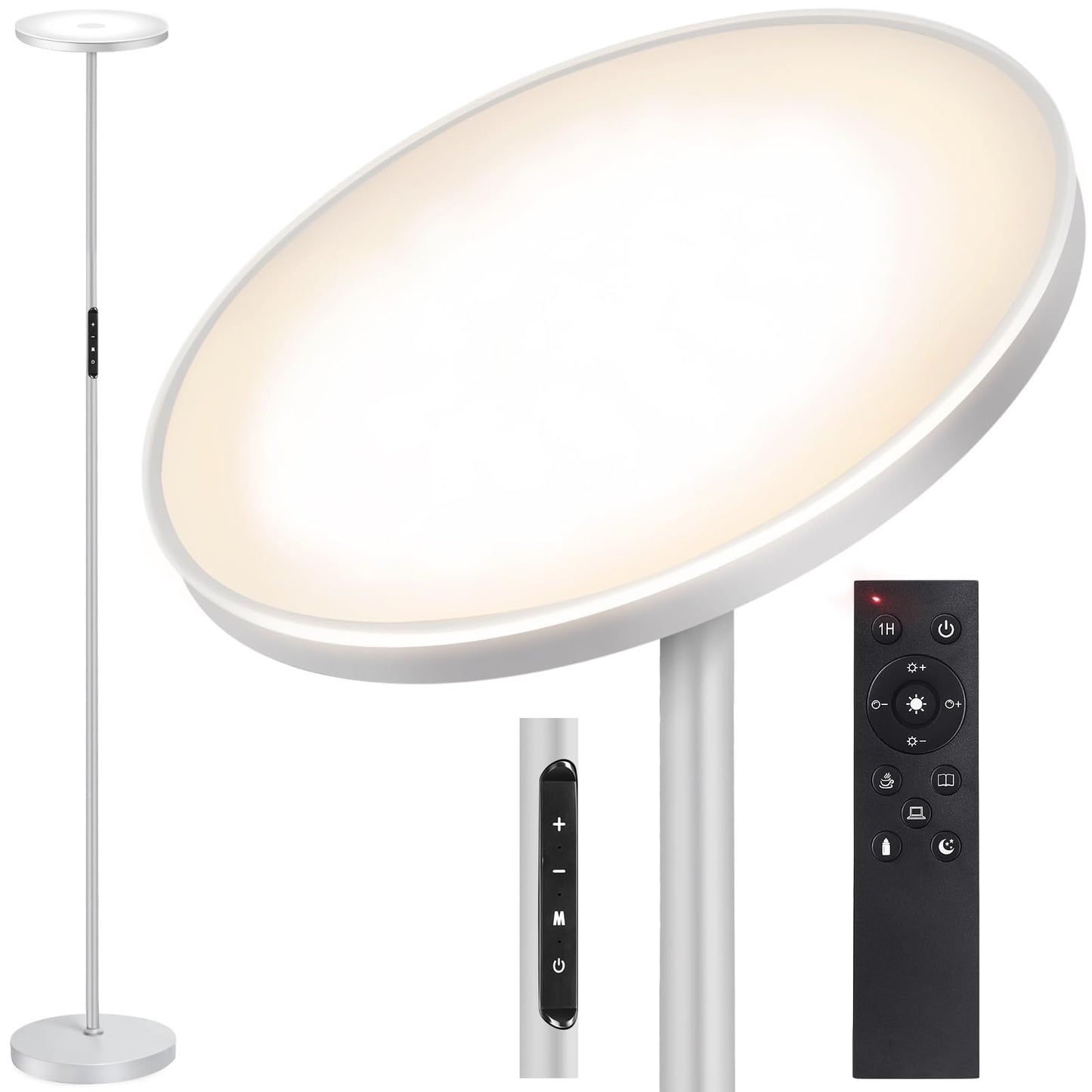 OUTON Floor Lamp, 30W LED Modern Torchiere, Dimmable, 4 Color Temperatures, Remote Touch Control, Silver Grey, Model H10005-SGY-US