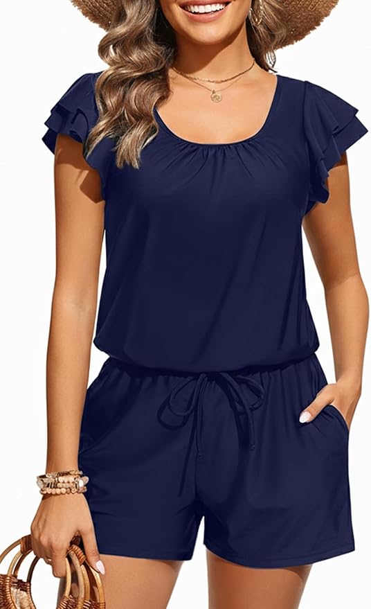 Tempt Me Women One Piece Romper Swimsuit - Ruffle Sleeve Modest Jumpsuit Bathing Suit with Shorts 2026 Swimwear