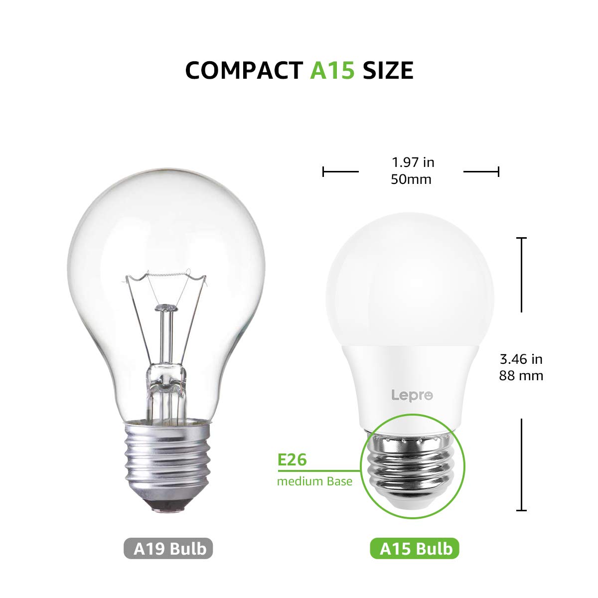 Lepro Led Refrigerator Light Bulb, 5000K Waterproof, 450 Lumen, 2 Pack, A15 E26 Medium Base, White, 5W, Model 100081-D