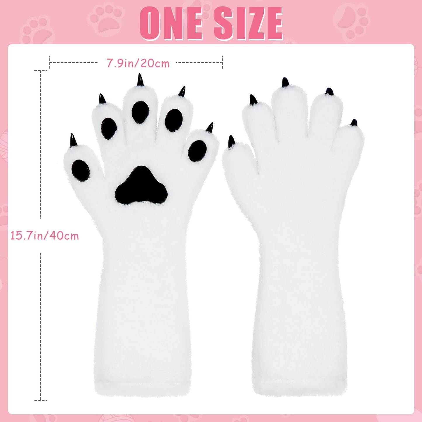 ZFKJERS Cosplay Furry Cat Claw Long Gloves Five-Finger Paws Mittens Costume Accessories for Halloween (White Black, Medium)