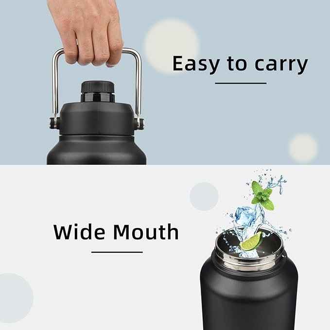 Jug with Handle,87 oz Insulated Water Bottle with Carrying Pouch, Double Wall Vacuum Stainless Steel Metal Bottle,Black