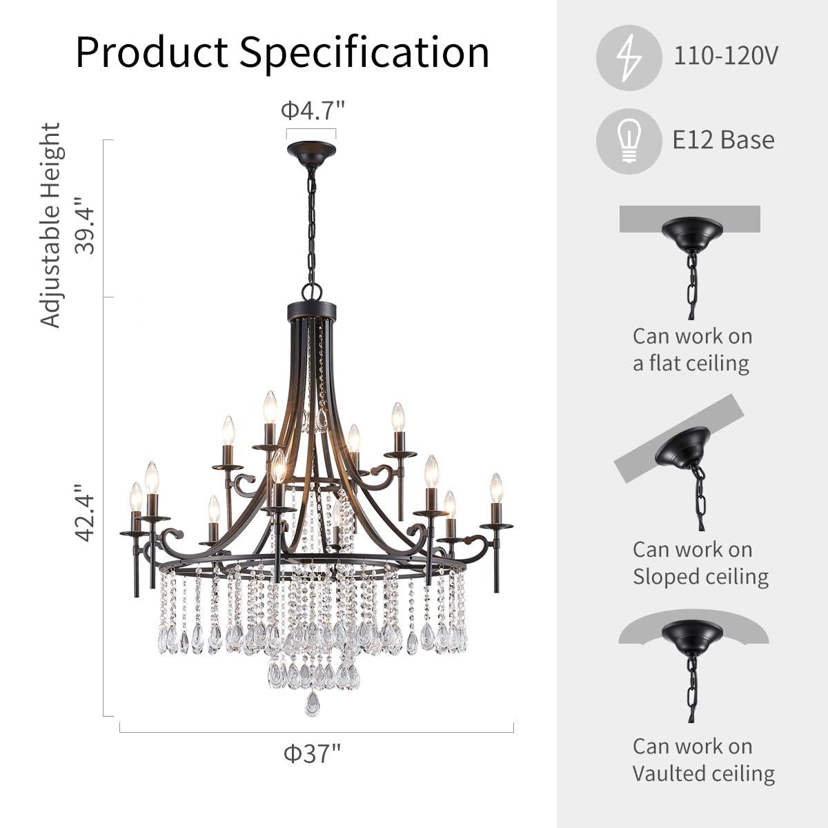 Wuzups Candle Chandelier 12-Light Wagon Wheel Pendant Ceiling Light Modern Lighting Fixture For Bedroom Hallway Bar Kitchen Dinning Living Room Bathroom  Black