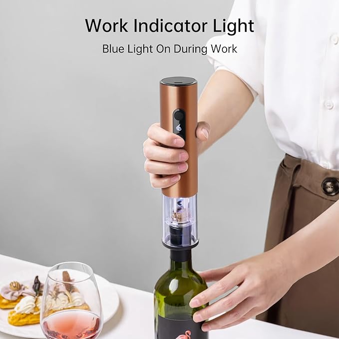 Rechargeable Wine Opener by ELMWAY, Electric Wine Bottle Opener with Foil Cutter, LED Light and Stainless Steel Shell, Cordless Corkscrew & Cork Remover, Gifts for Wine lover- Rose Gold
