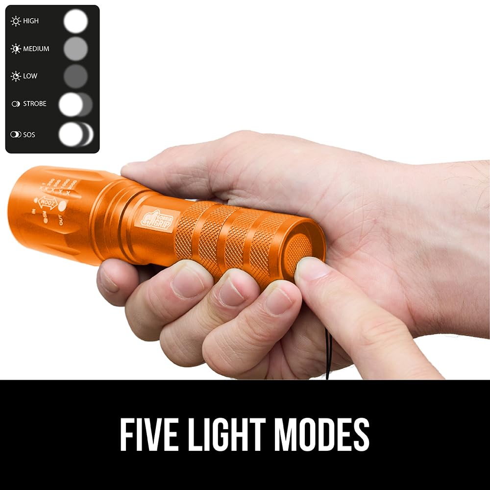Gorilla Grip LED Tactical Flashlight - High Lumens, 5 Modes, Water Resistant, 750 FT Zoom, Orange, Model 840029684832