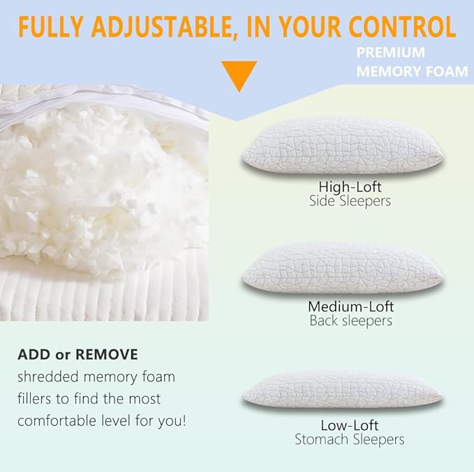Shredded Memory Foam Pillows - Queen Size Set of 2,Adjustable Bed Pillows for Side Back Stomach Sleepers,Comfy Cooling Pillows for Sleeping with Washable Cover