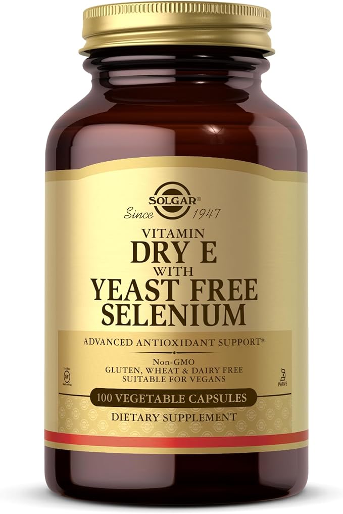 SOLGAR Dry Vitamin E with Yeast-Free Selenium - 100 Vegetable Capsules - Advanced Antioxidant Support - Non-GMO, Vegan, Gluten Free, Dairy Free, Kosher - 50 Servings
