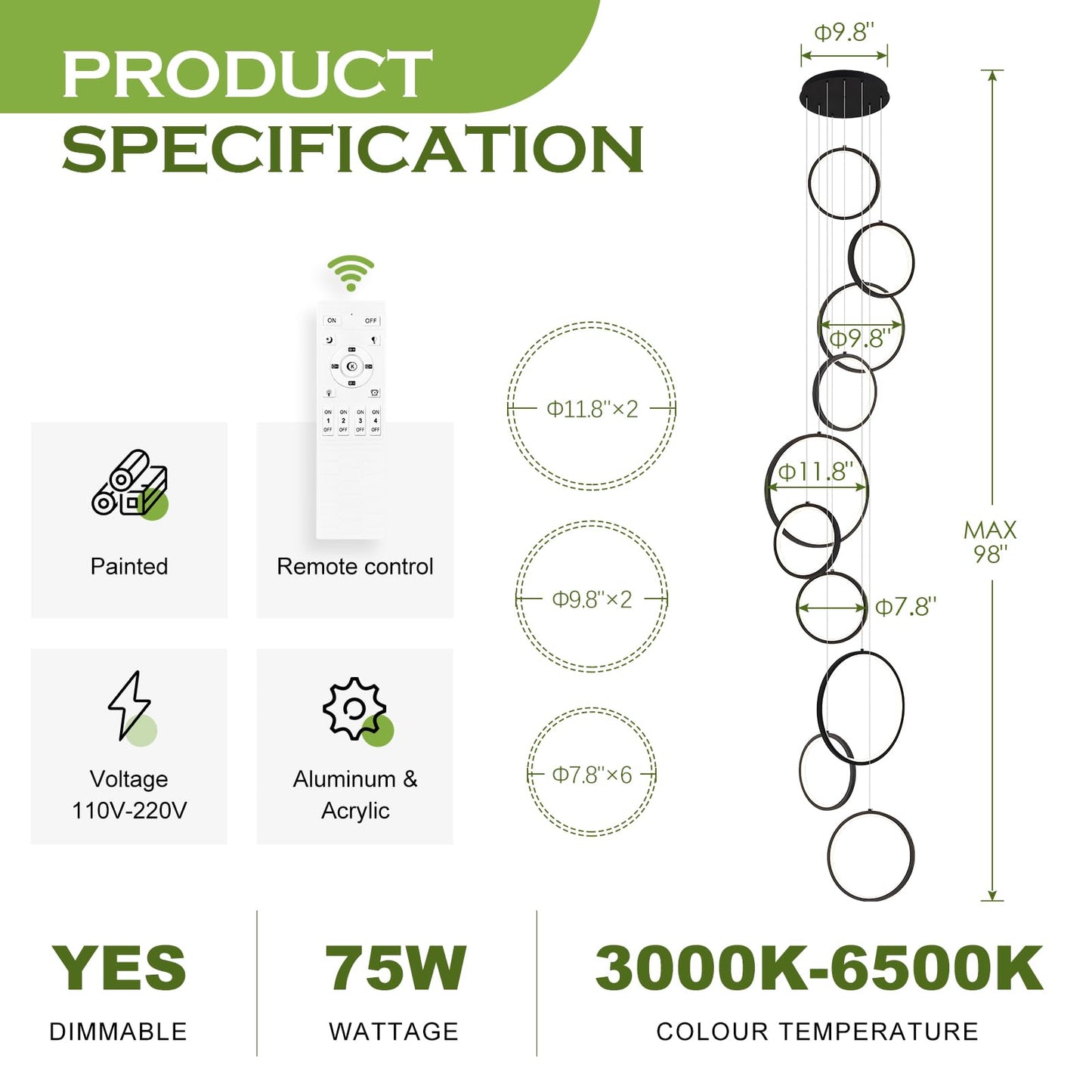 Benkut High Ceiling Chandelier 10 Ring Black LED Light with Remote Control, 98.5in, Aluminum