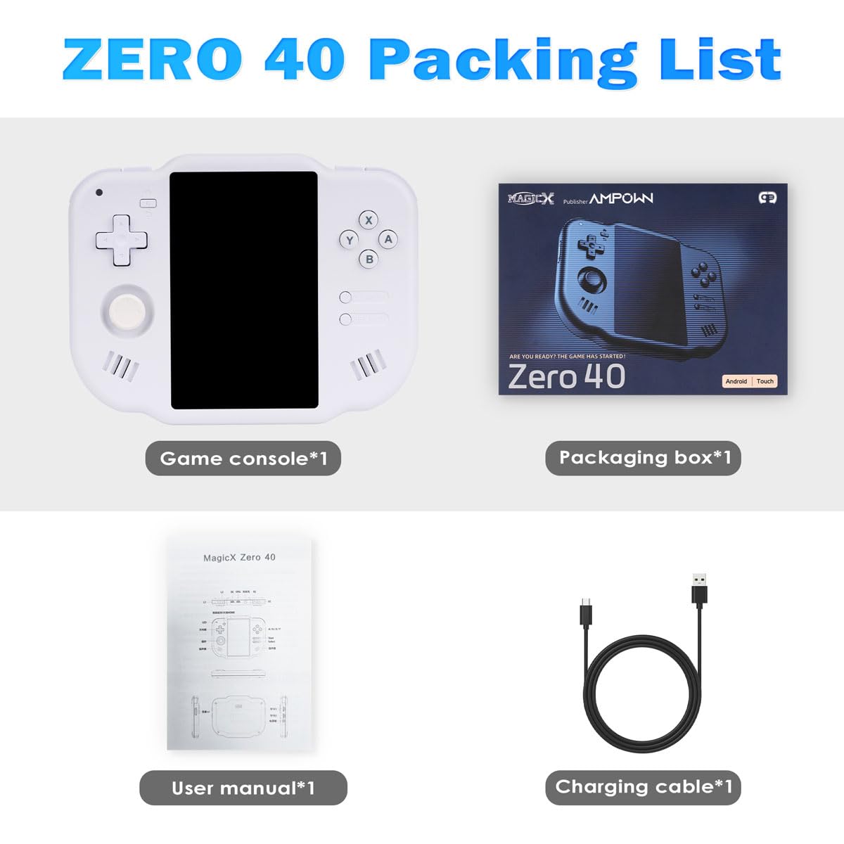 MagicX Zero 40 Handheld Game Console, 4.0 Inch IPS Screen Retro Video Games Consoles with 4300mAh Long Battery Life & 64GB TF Card Preloaded Games, WiFi Wireless Connection Classic System (White)