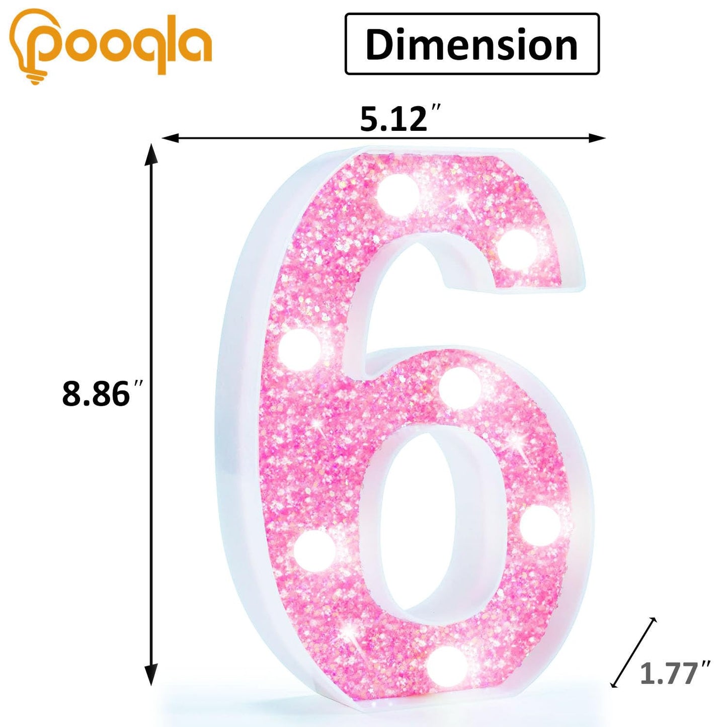 Pooqla Marquee Numbers  Pink Light Up Numbers For Girls 6Th Birthday  Battery Powered Glitter Number Night Light Gift For Christmas Bedroom Dorm Room Party Decoration  Cool White Number 6