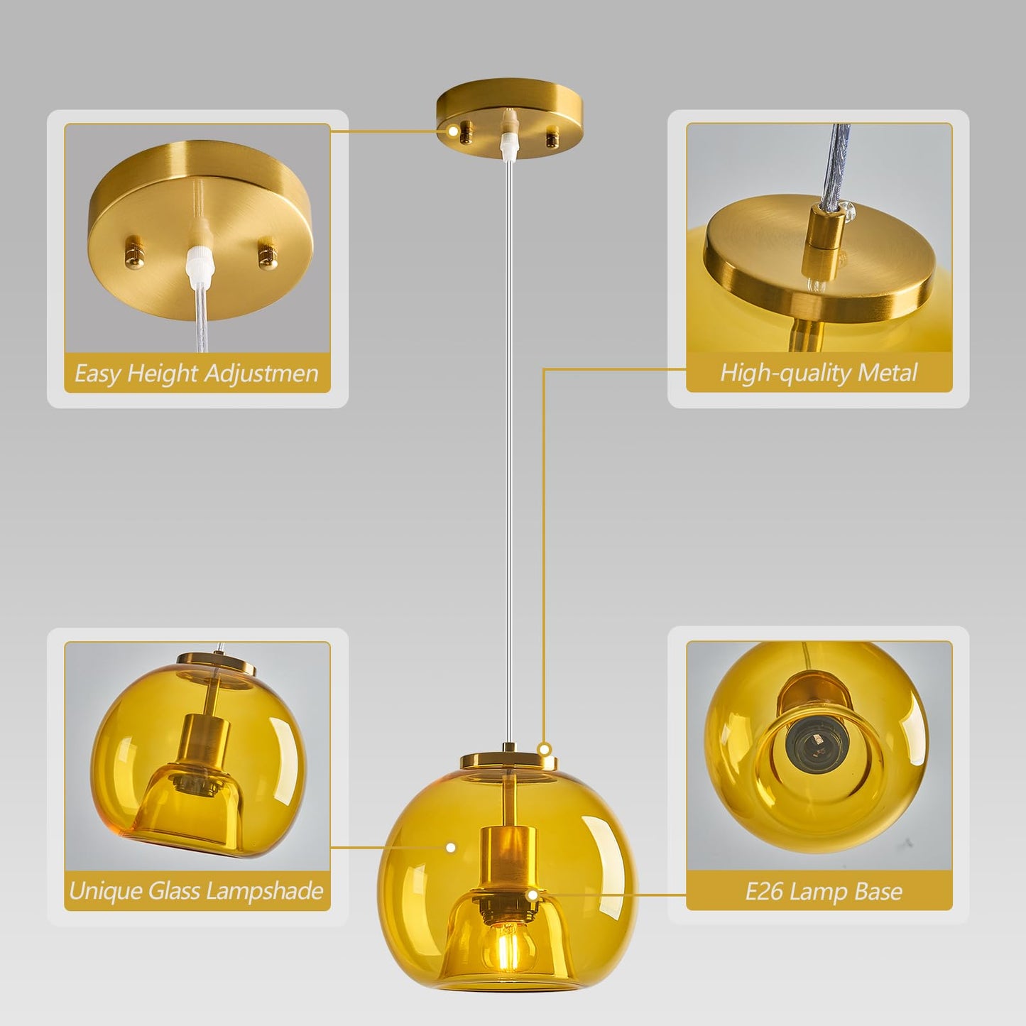 Lbsqj Yellow Glass Pendant Lights Kitchen Island Gold Hanging Light Fixture Glass Globe Pendant Light Modern Pendant Lighting For Kitchen Island Bedroom Dining Room (7.87  3 Pack)