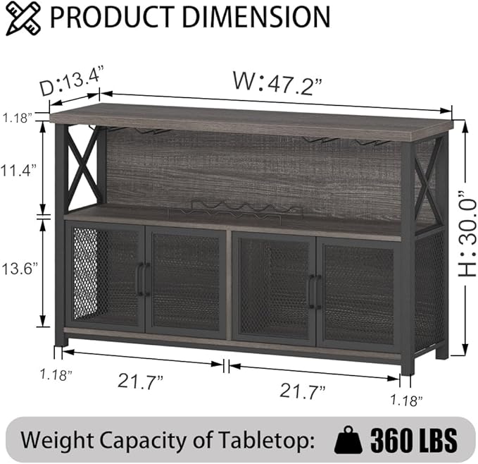 LVB Wine Bar Cabinet, Industrial Coffee Bar Cabinet for Liquor and Glasses, Modern Sideboard Buffet with Storage Rack, Rustic Liquor Home Bar for Kitchen Dining Living Room, Dark Gray Oak, 47 Inch