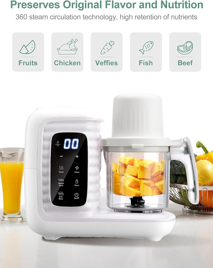 MOMYEASY Baby Food Maker, Multifunction Processor Chopper Grinder, Baby Food Steamer and Puree Blender in-One, with Bottle Warmer, Auto Cooking & Grinding with Touch Control Panel