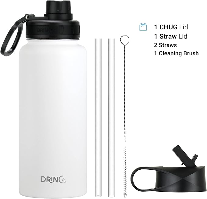 DRINCO Stainless Steel Water Bottle Spout Lid Vacuum Insulated Double Wall Water Bottle Wide Mouth Leak Proof Keep Cold Sport Camping (USA Flag) (32oz Artic White USA Flag, 32oz)