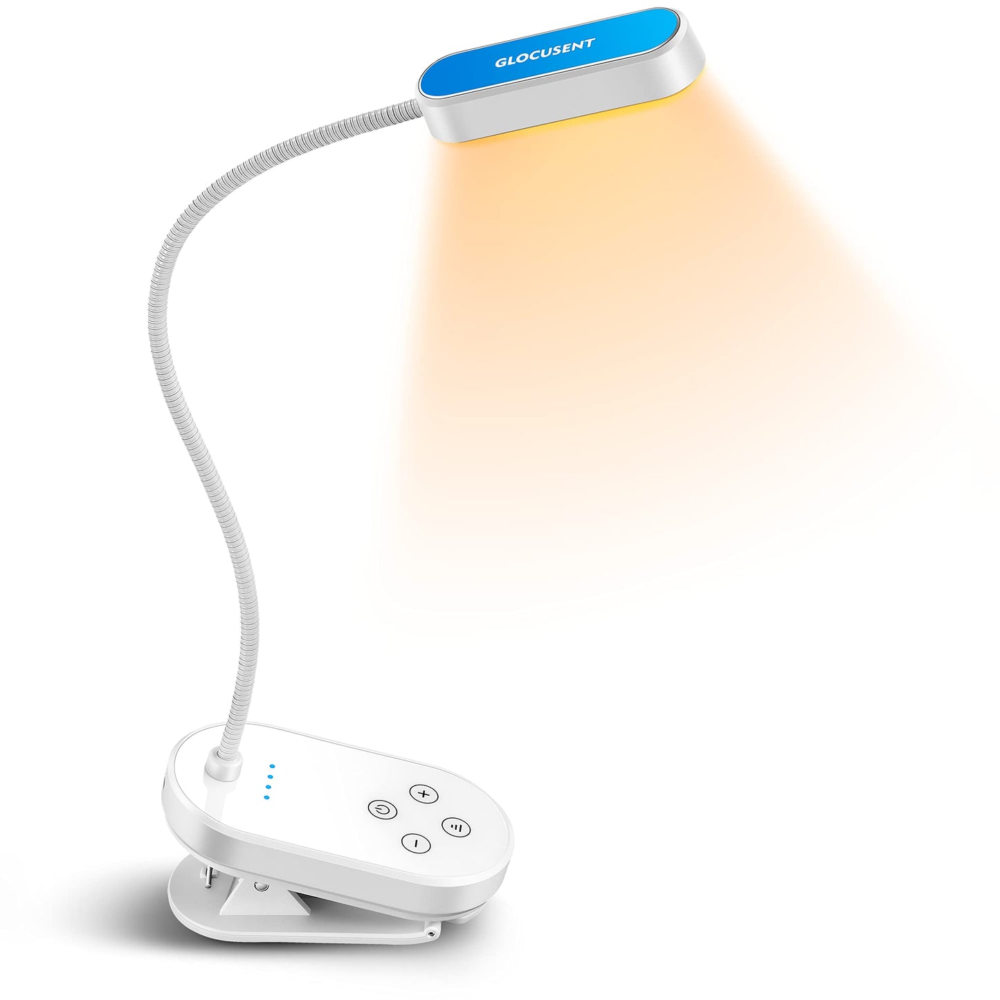 Glocusent Mini Book Light, 16 LED, Rechargeable, 3 Colors, 5 Brightness Levels, Clip-On, Model GLCSNTBL005, White