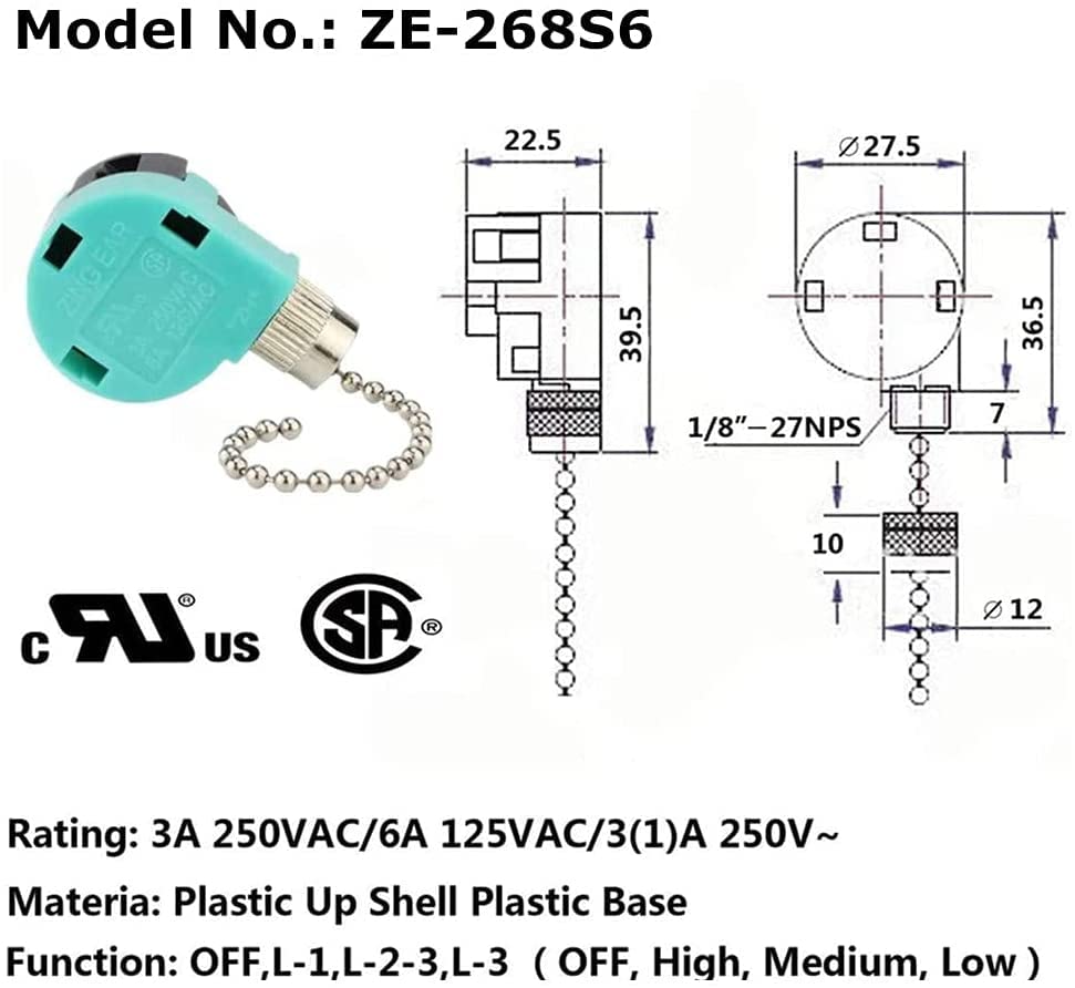 Aoprofree Ceiling Fan Switch 3 Speed 4 Wire Ze-268S6 Replacement Parts, Silver Nickel Pull Chain