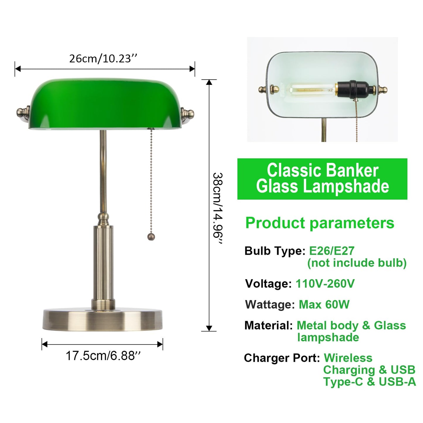 FIRVRE Glass Desk Lamp LED USB Wireless Charging Classic Retro Green